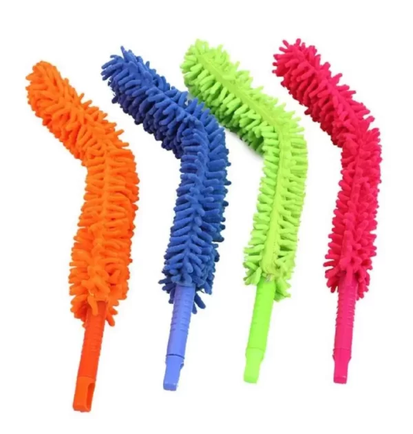 A flexible microfiber duster with a bendable handle, featuring soft and dense microfiber bristles.