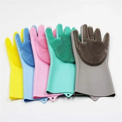 A pair of Magic Silicone Dishwashing Gloves, with bristle-like patterns on the palms