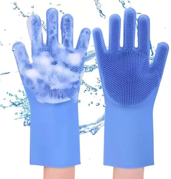 A pair of Magic Silicone Dishwashing Gloves Blue, with bristle-like patterns on the palms