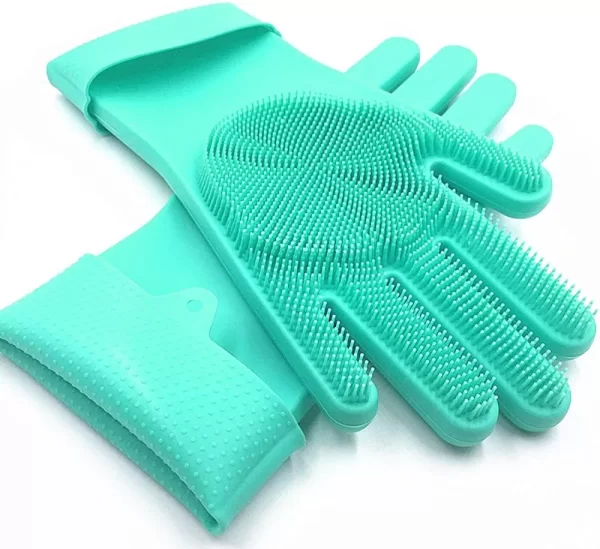 A pair of Magic Silicone Dishwashing Gloves Light Green, with bristle-like patterns on the palms