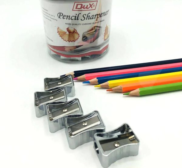 DUX pencil sharpeners with a silver metallic body
