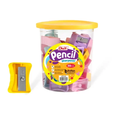 A jar of DUX pencil sharpener 502 multicolor on a white background
