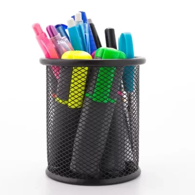 A metal Pen Holder, holding an assortment of colorful pens, pencils, and marker