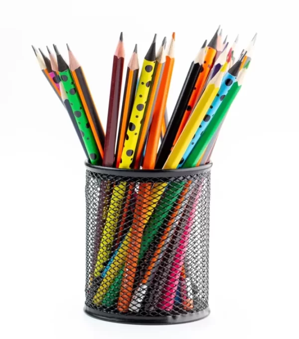 A metal Pen/Pencil Holder, holding an assortment of colorful pencils.