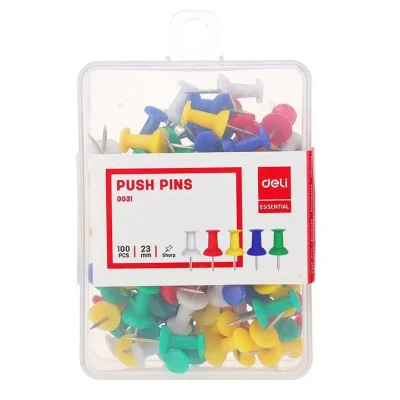 Deli Push Pins 100pcs 23mm in a transparent box