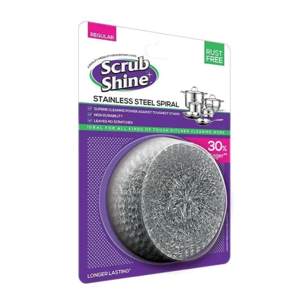 Scrub Shine Stainless Steel Spiral Regular in a blister pack
