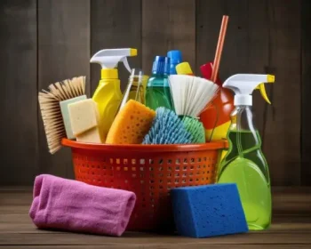 Different Household Supplies placed in a bucket